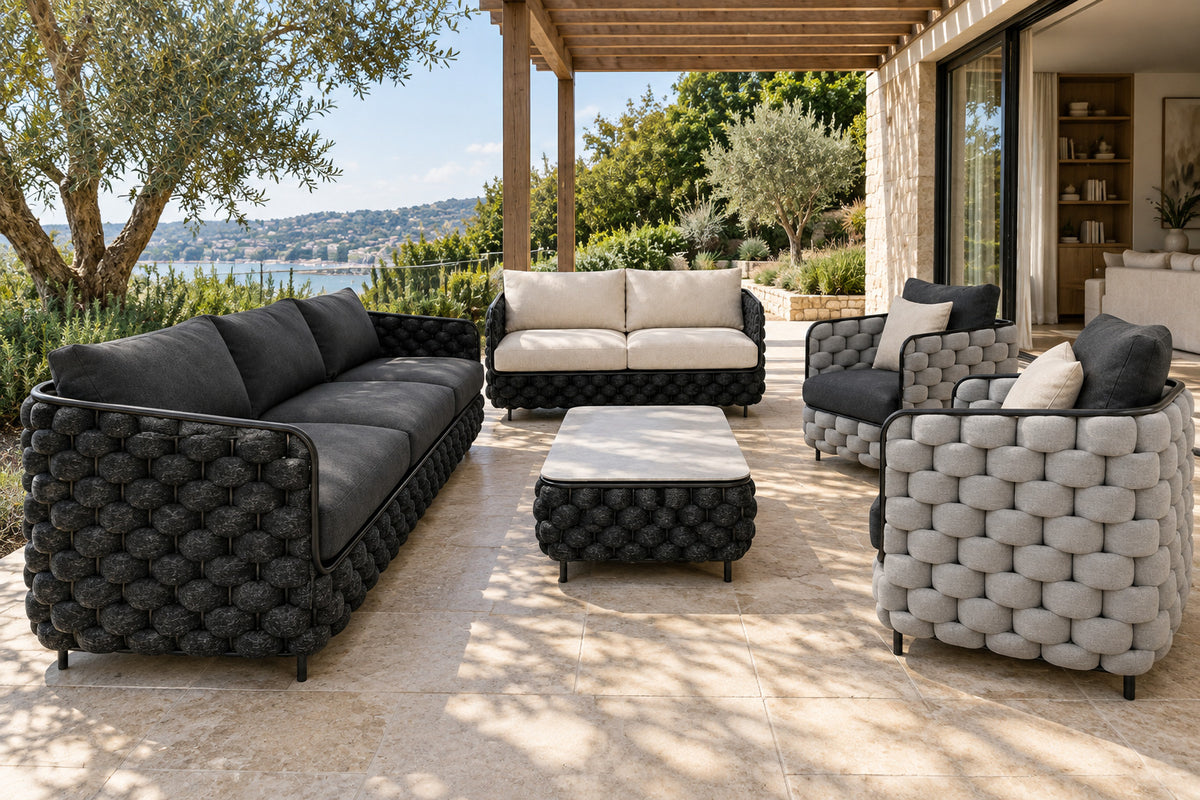 Bodrum Outdoor Sofa Set, low near-side-profile lifestyle view