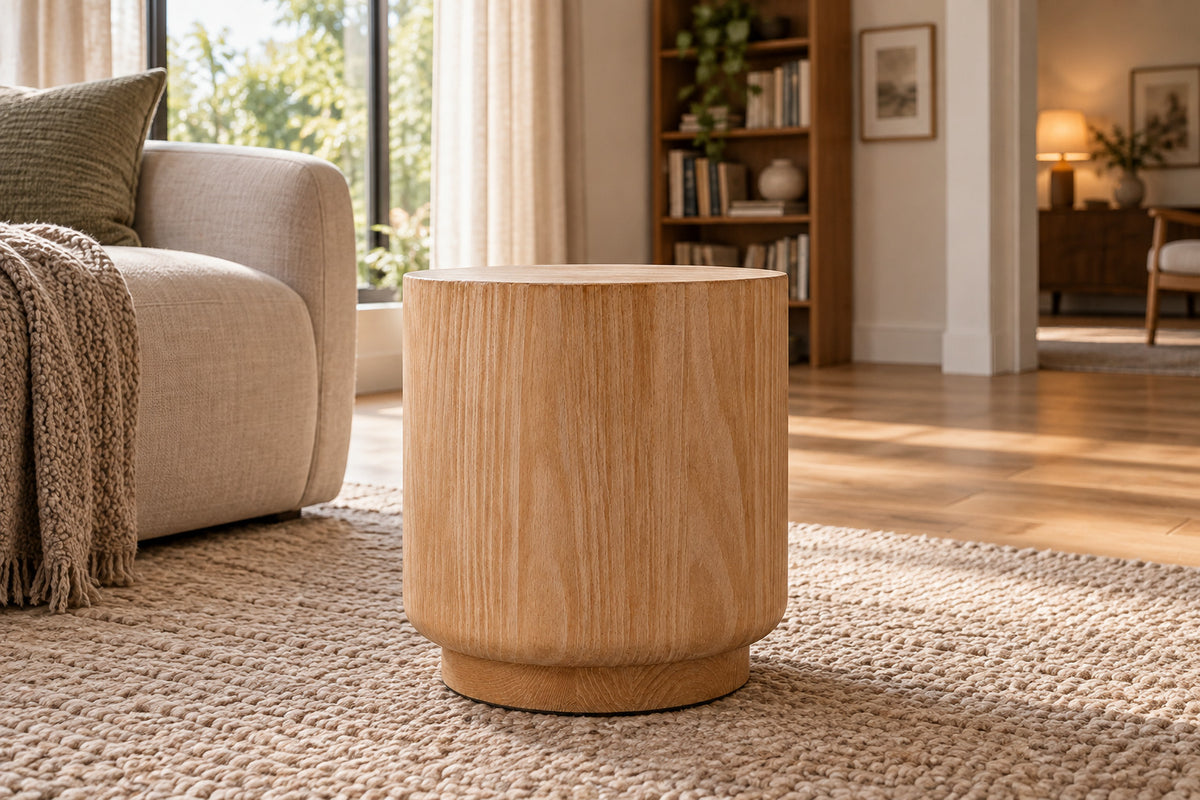 Ciro Round Side Table, low near-side-profile lifestyle view