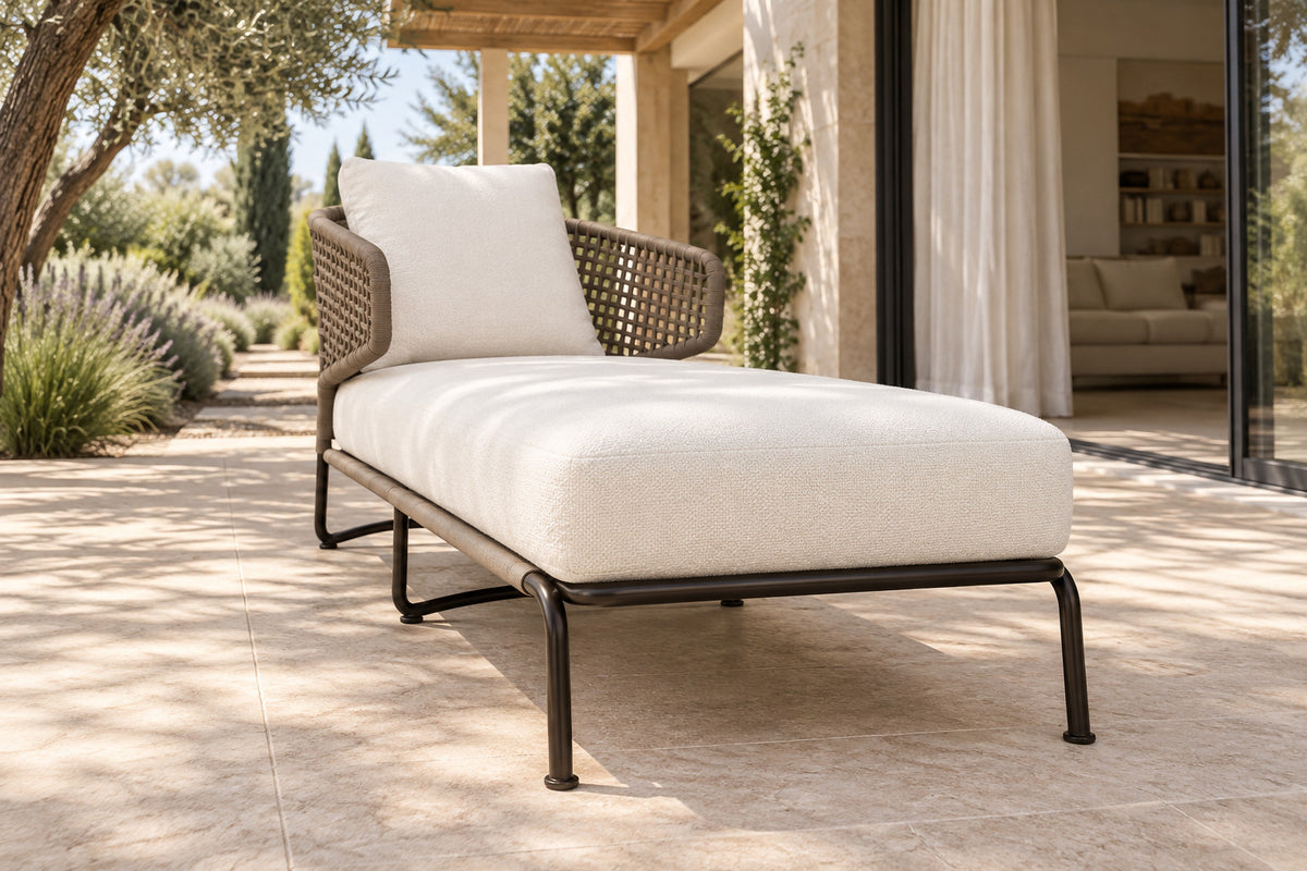 Ischia Chaise Sectional, low near-side-profile lifestyle view