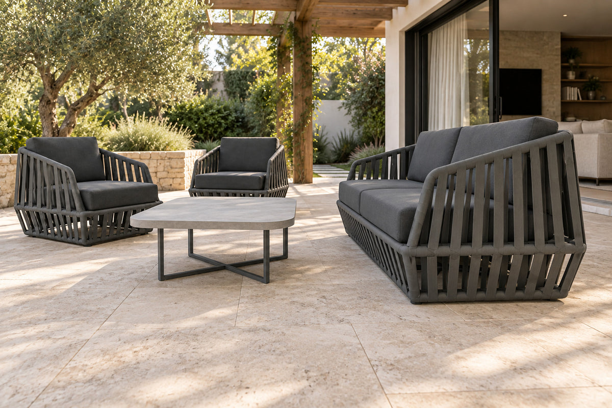 Mykonos Outdoor Sofa Set, low near-side-profile lifestyle view
