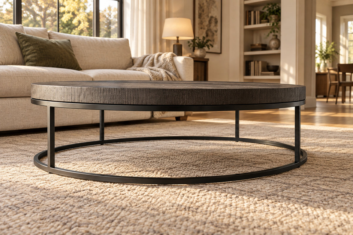 Nicholas Oak Round Coffee Table, low near-side-profile lifestyle view