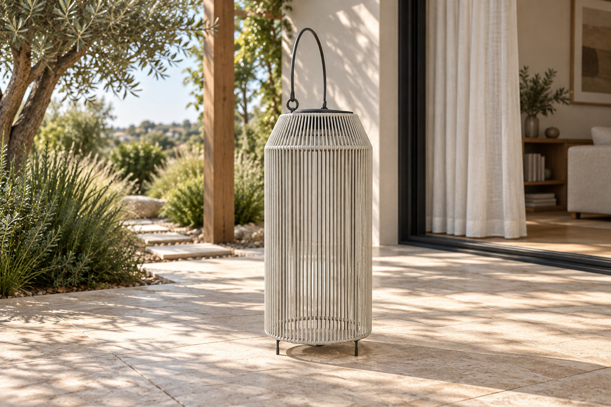 Solano Solar Lantern, Tall, low near-side-profile lifestyle view