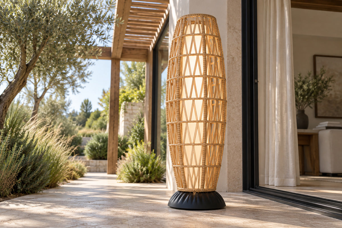 Verano Floor Lantern, Barrel, low near-side-profile lifestyle view