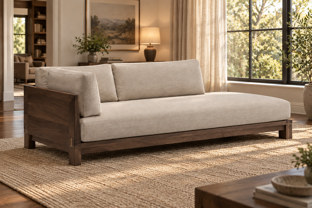 Lifestyle view: Bixby walnut chaise in a warmly lit furnished interior