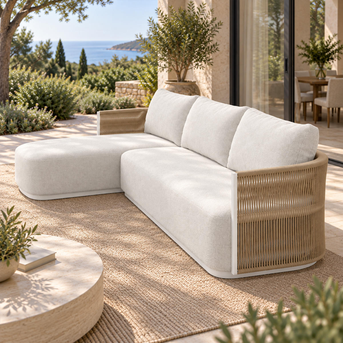 Lifestyle view: Ripple Chaise Sectional in Aluminium, strong right-end view beside a furnished home