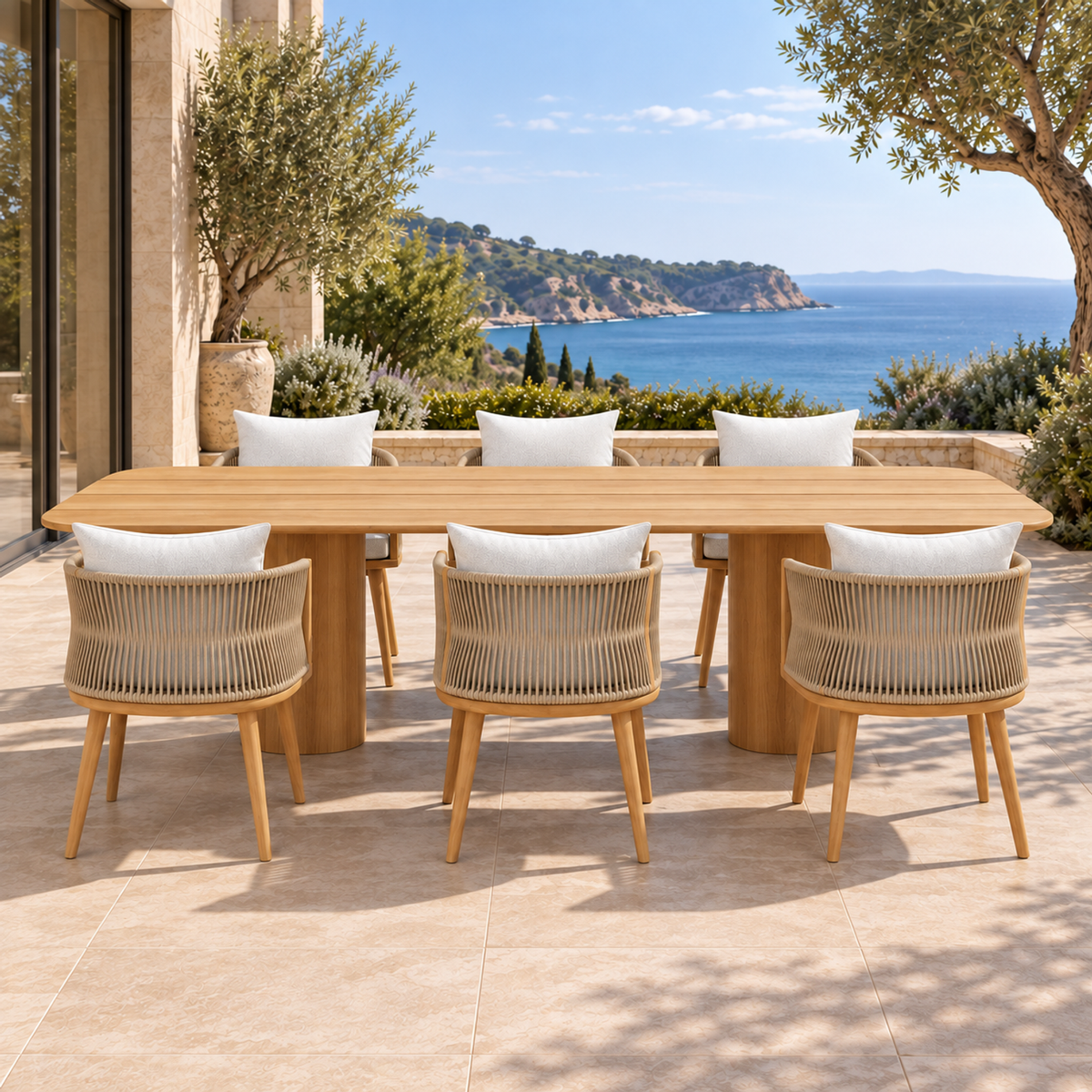 Ripple Outdoor Dining Set in Teak, straight front on a furnished coastal terrace