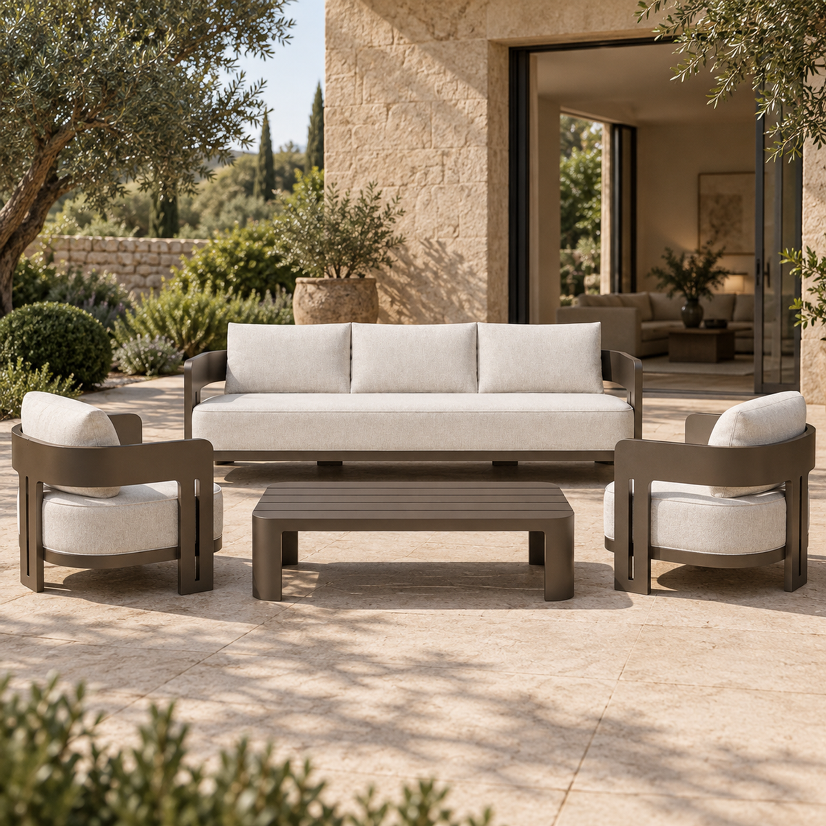Serein aluminium sofa set, straight front view beside a planted home terrace