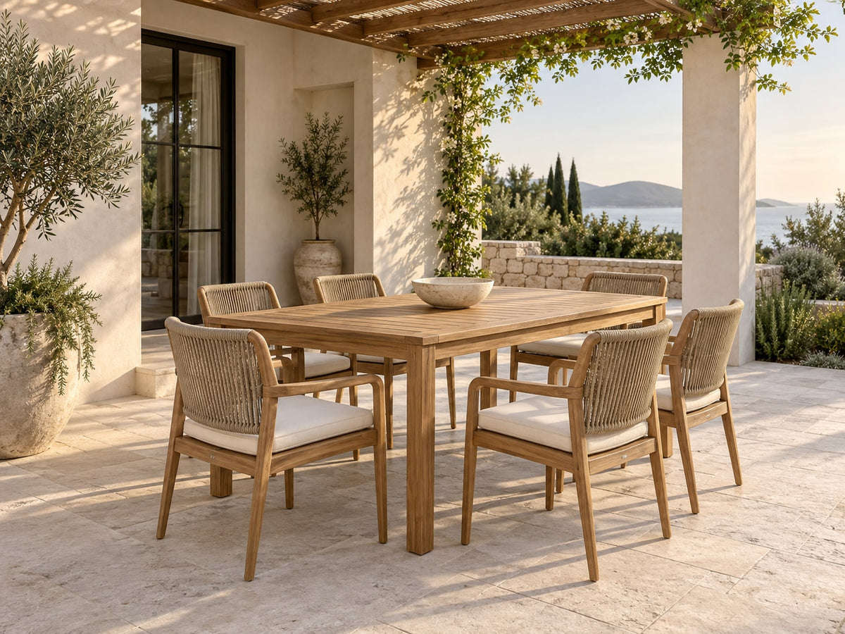 Dining in a landscaped outdoor setting