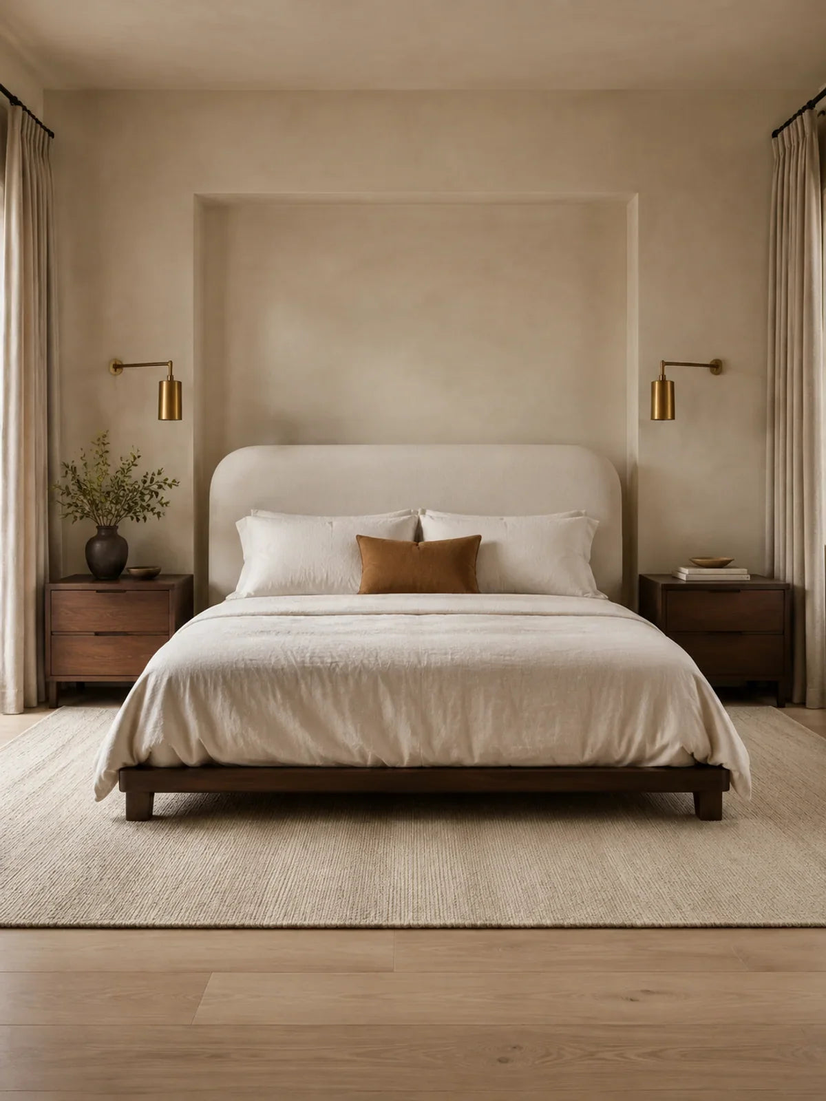 A serene premium bedroom centred on a low bed with a generously upholstered ivory linen headboard, softly rounded top corners and rich tactile fabric.
