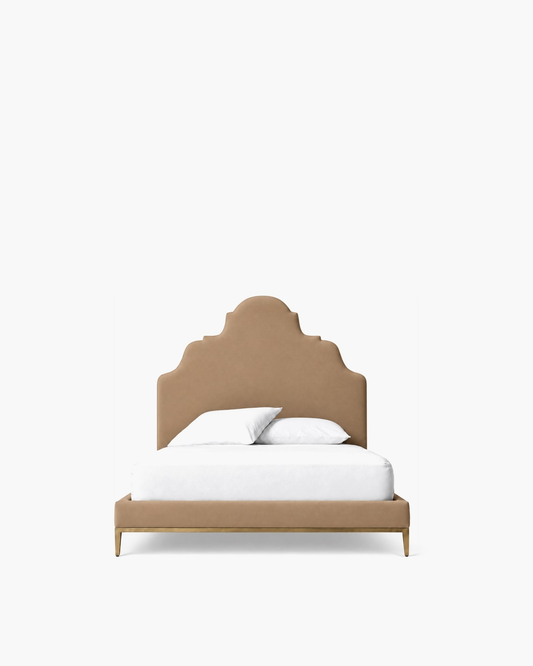 Camilla Upholstered Bed — Aged Brass, supplier-matched studio view