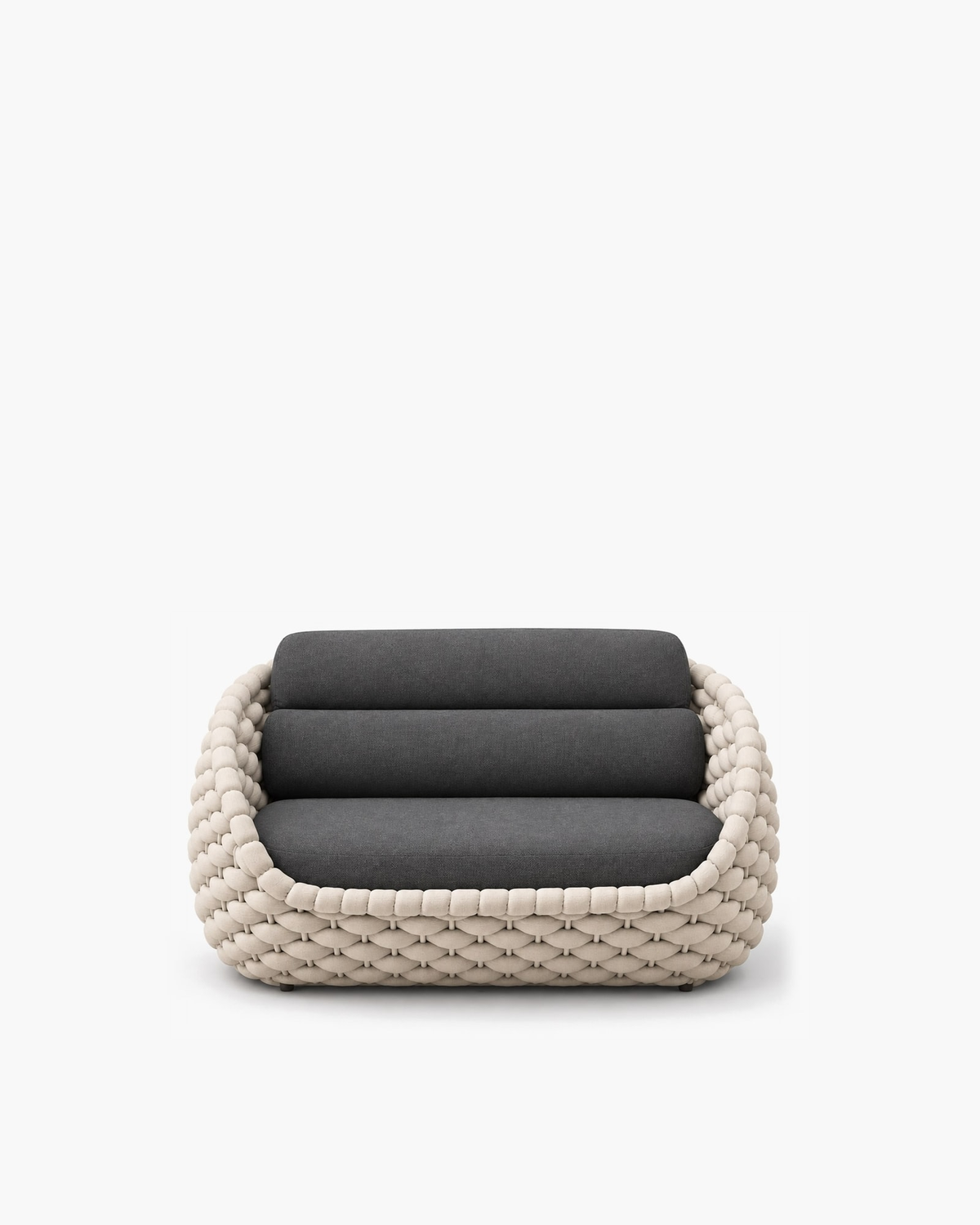 Cala 145 cm pale looped-rope sofa with continuous charcoal cushions, studio view