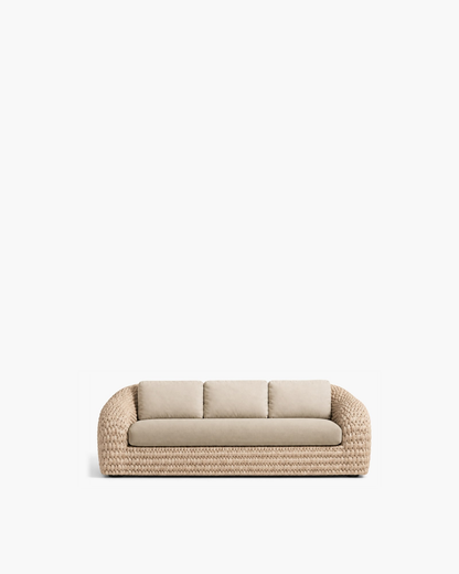 Marisol 180 cm bone knitted-rope sofa with three pale back cushions, studio view