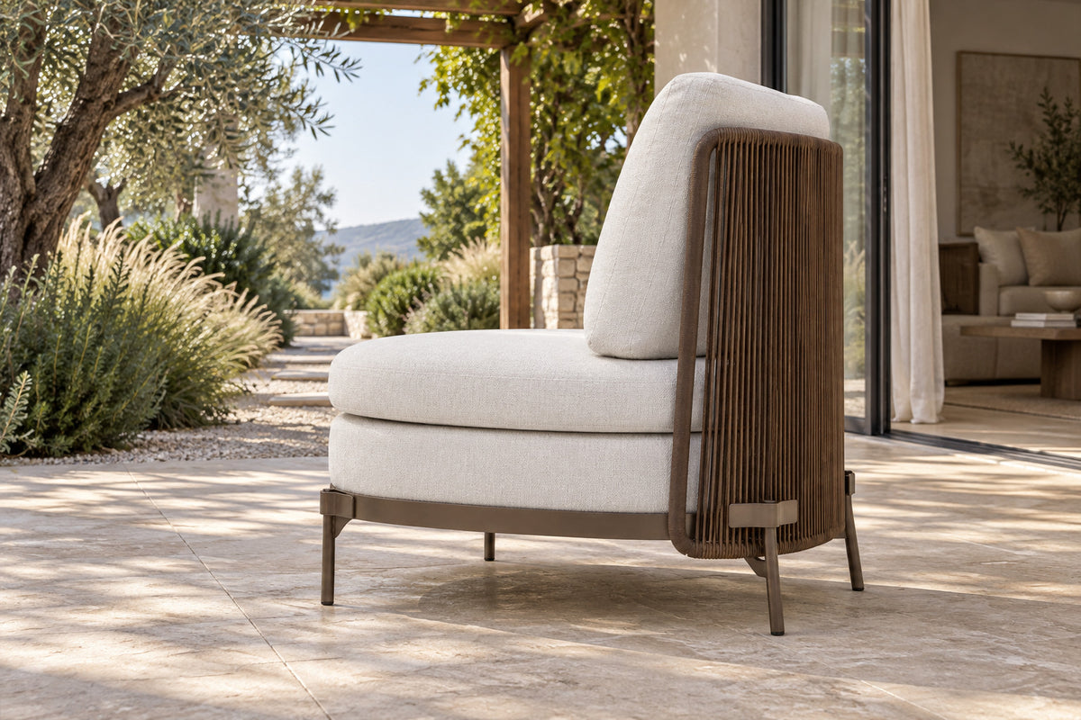 Amalfi Lounge Chair, Slipper, low near-side-profile lifestyle view