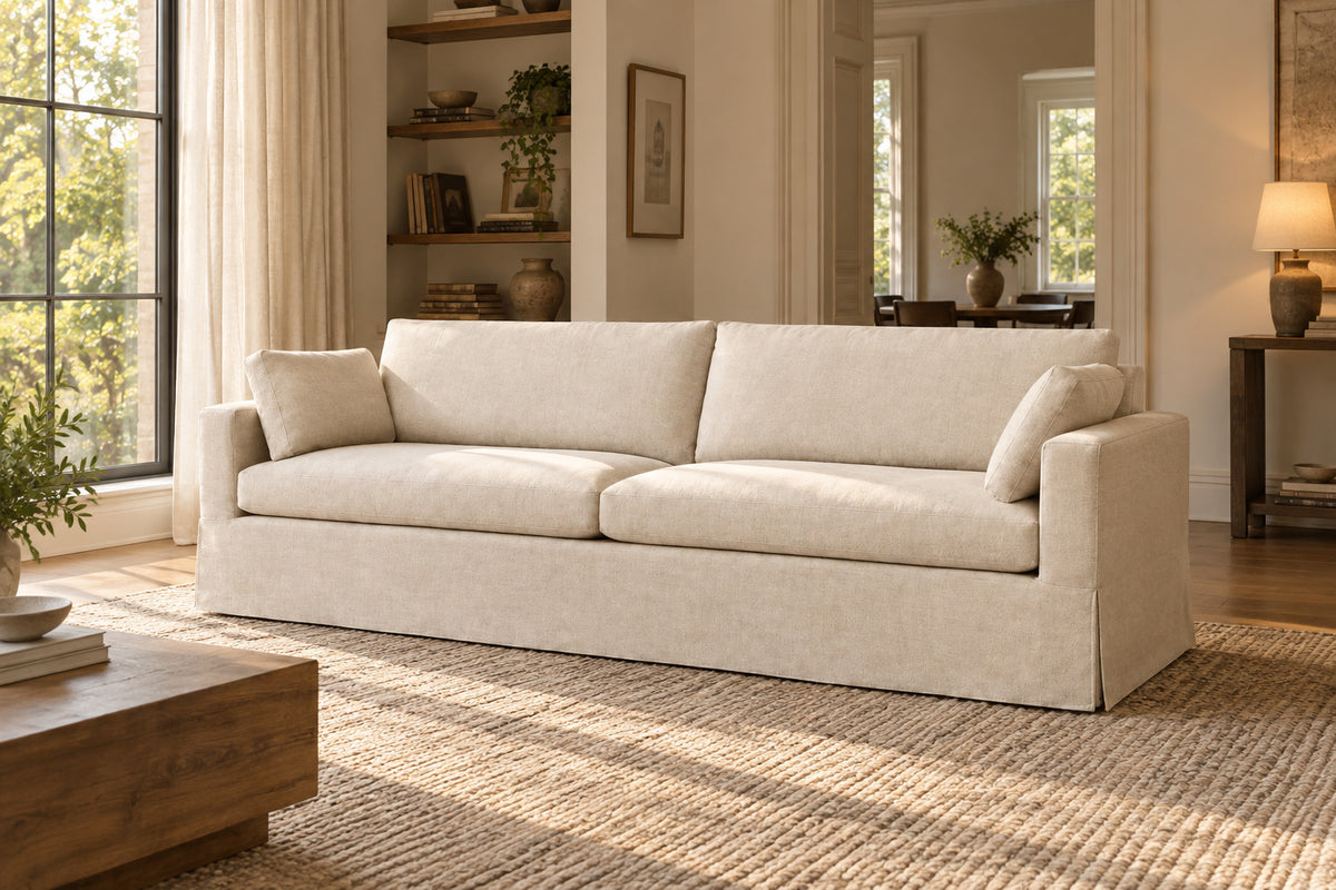 Belgian Slipcovered Track Arm Sofa, front-right three-quarter lifestyle view