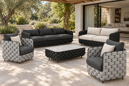 Bodrum Outdoor Sofa Set, front-right three-quarter lifestyle view