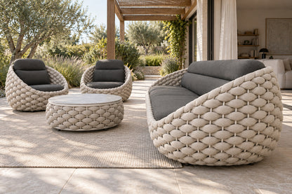 Cala Outdoor Sofa Set, low near-side-profile lifestyle view