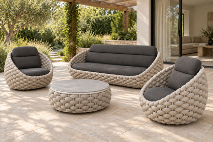 Cala Outdoor Sofa Set, front-right three-quarter lifestyle view