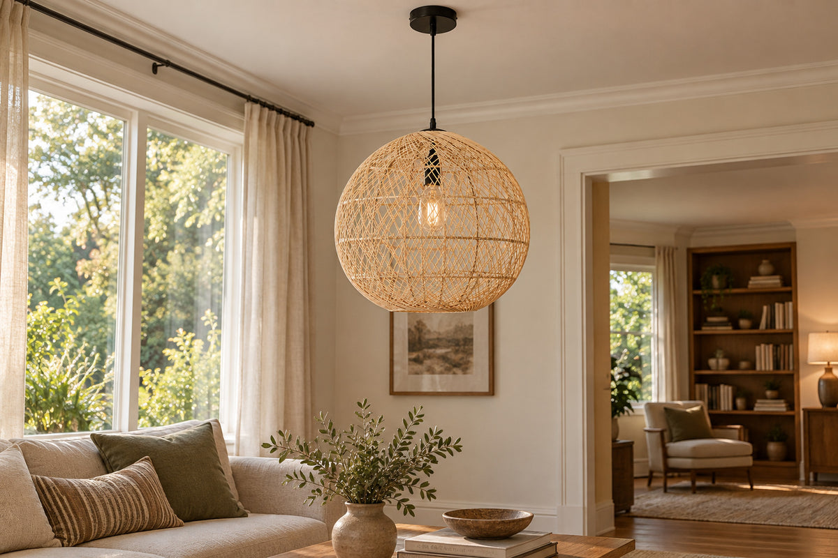 Cannella Pendant, Globe, front-right three-quarter lifestyle view