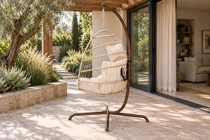 Corda Hanging Chair with Stand, front-right three-quarter lifestyle view
