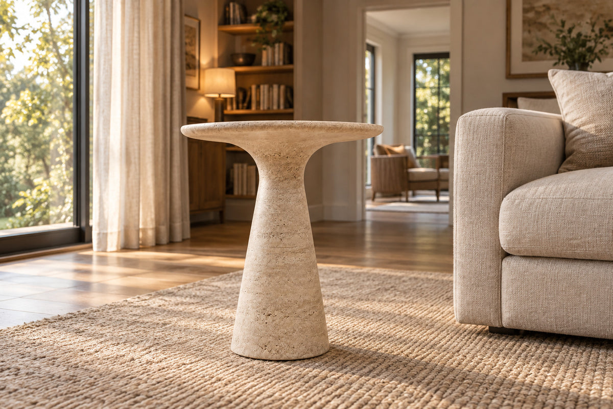 Gio Stone Round Side Table, low near-side-profile lifestyle view