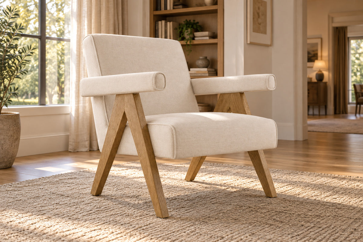 Jakob Leather Lounge Chair, front-right three-quarter lifestyle view