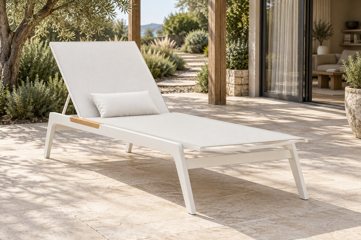 Lido Sun Lounger, front-right three-quarter lifestyle view