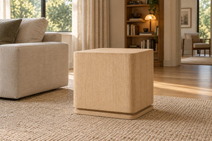 Ligné Plinth Square Side Table, front-right three-quarter lifestyle view