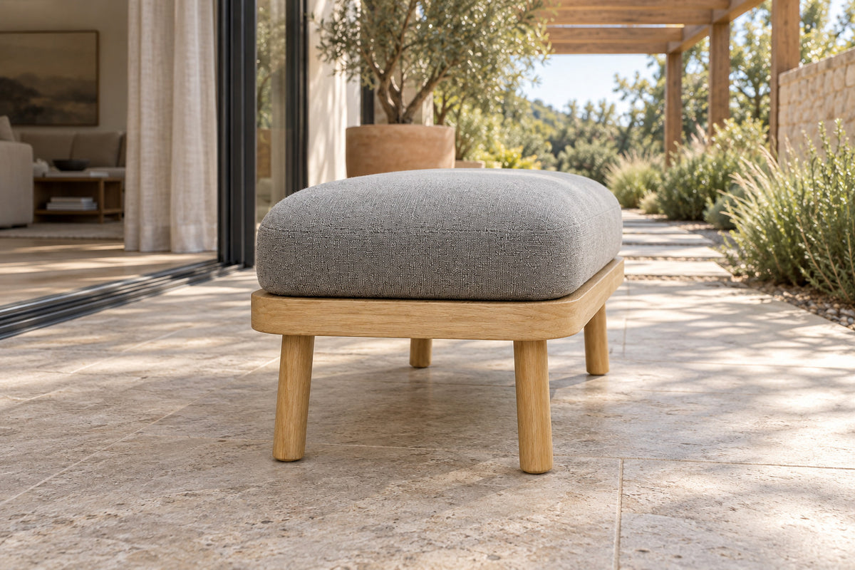 Menorca Ottoman, low near-side-profile lifestyle view