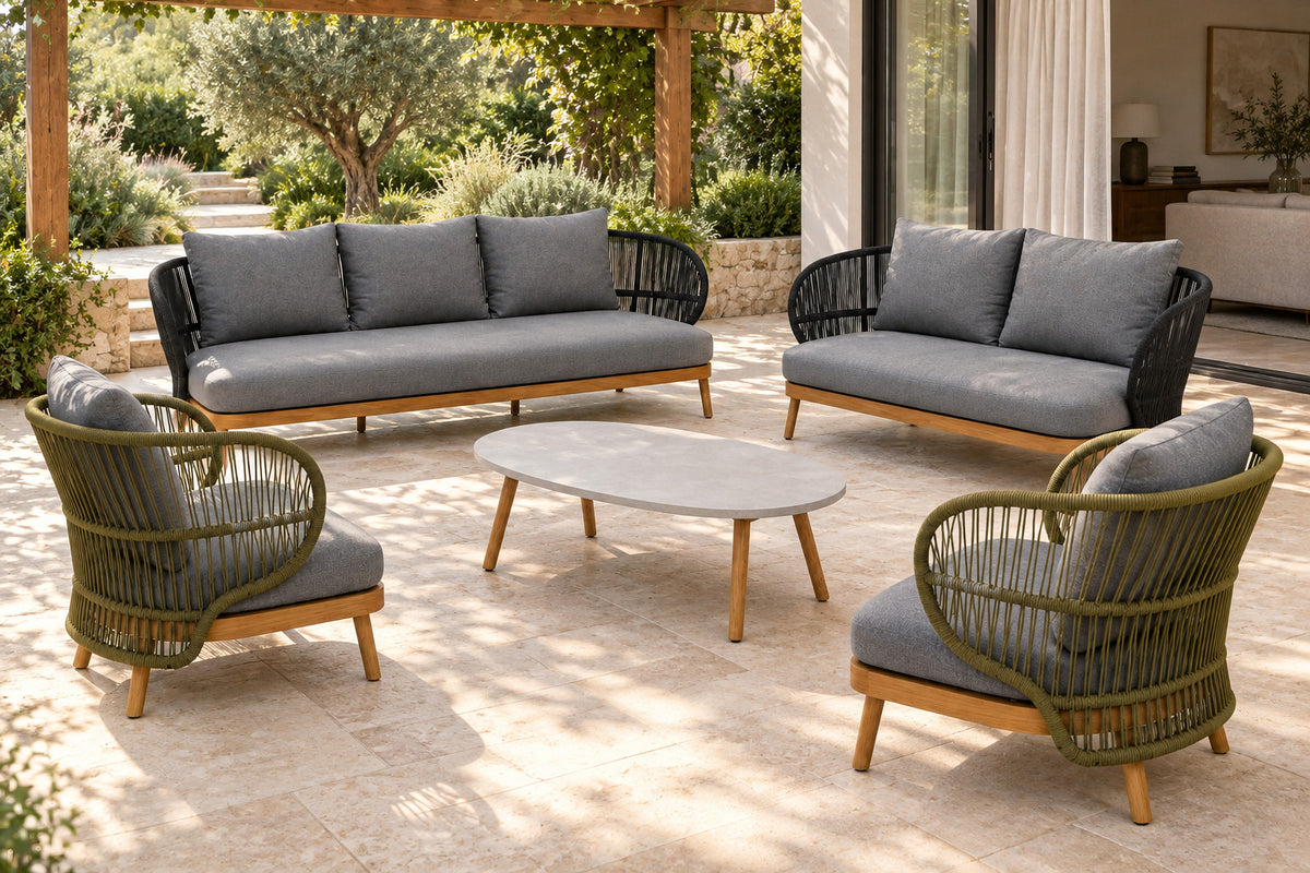 Menorca Outdoor Sofa Set, front-right three-quarter lifestyle view