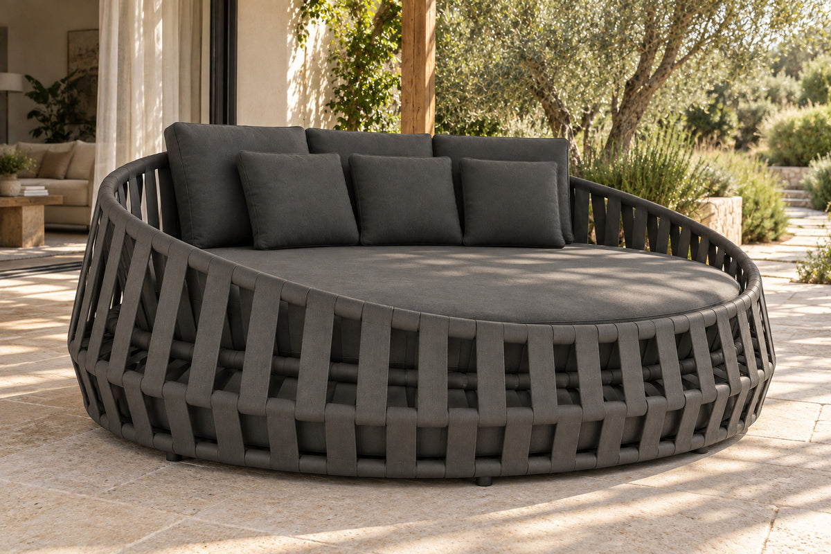 Mykonos Daybed, low near-side-profile lifestyle view