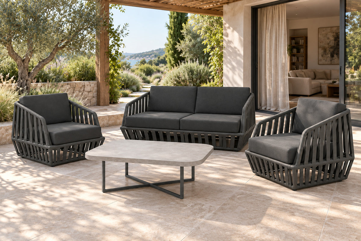 Mykonos Outdoor Sofa Set, front-right three-quarter lifestyle view