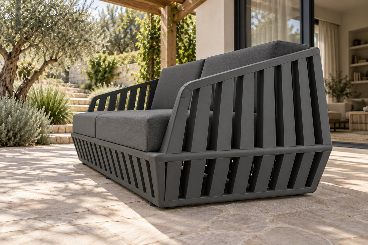 Mykonos Two-Seat Sofa, low near-side-profile lifestyle view