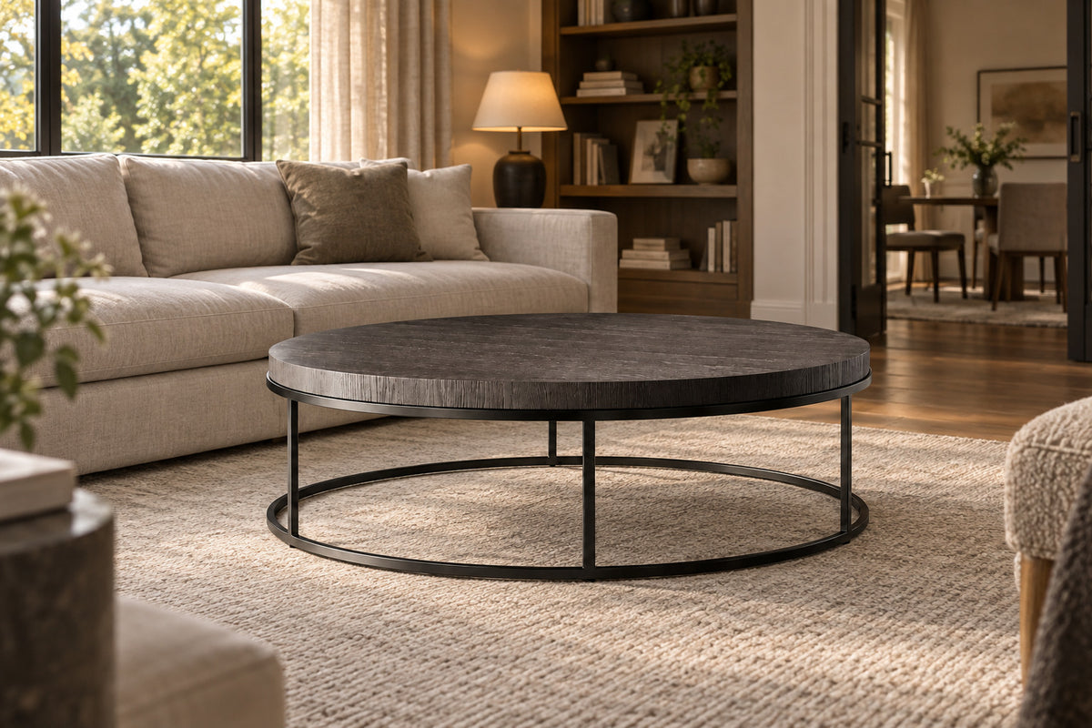 Nicholas Oak Round Coffee Table, front-right three-quarter lifestyle view