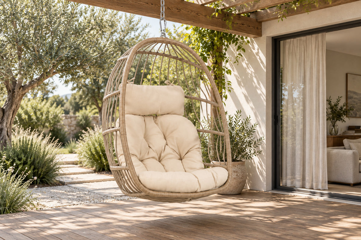 Nido Hanging Chair, front-right three-quarter lifestyle view