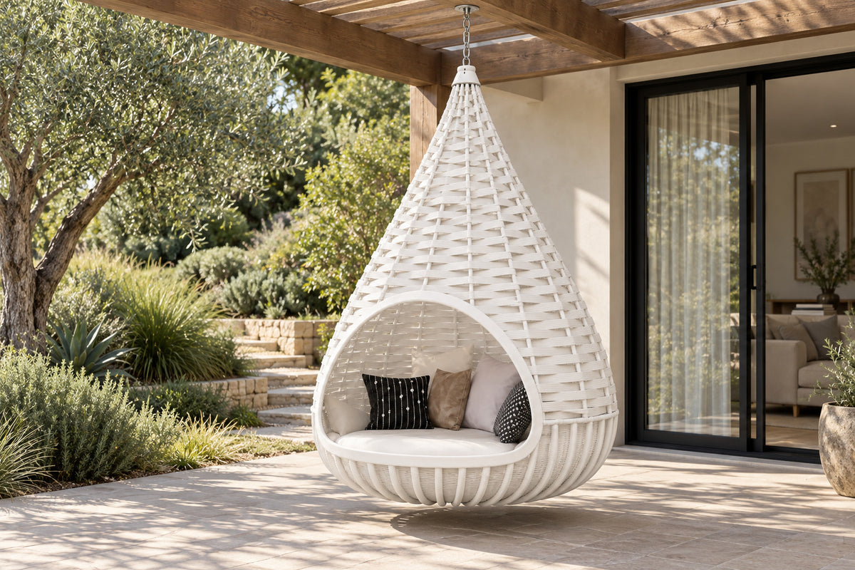 Nido Hanging Nest, Chain-Hung, front-right three-quarter lifestyle view