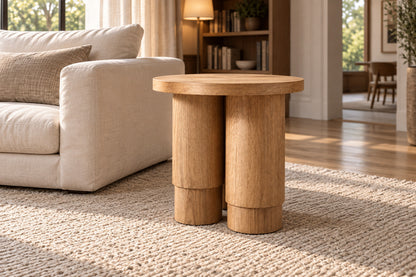 Oak Tropez Round Pedestal Side Table, front-right three-quarter lifestyle view