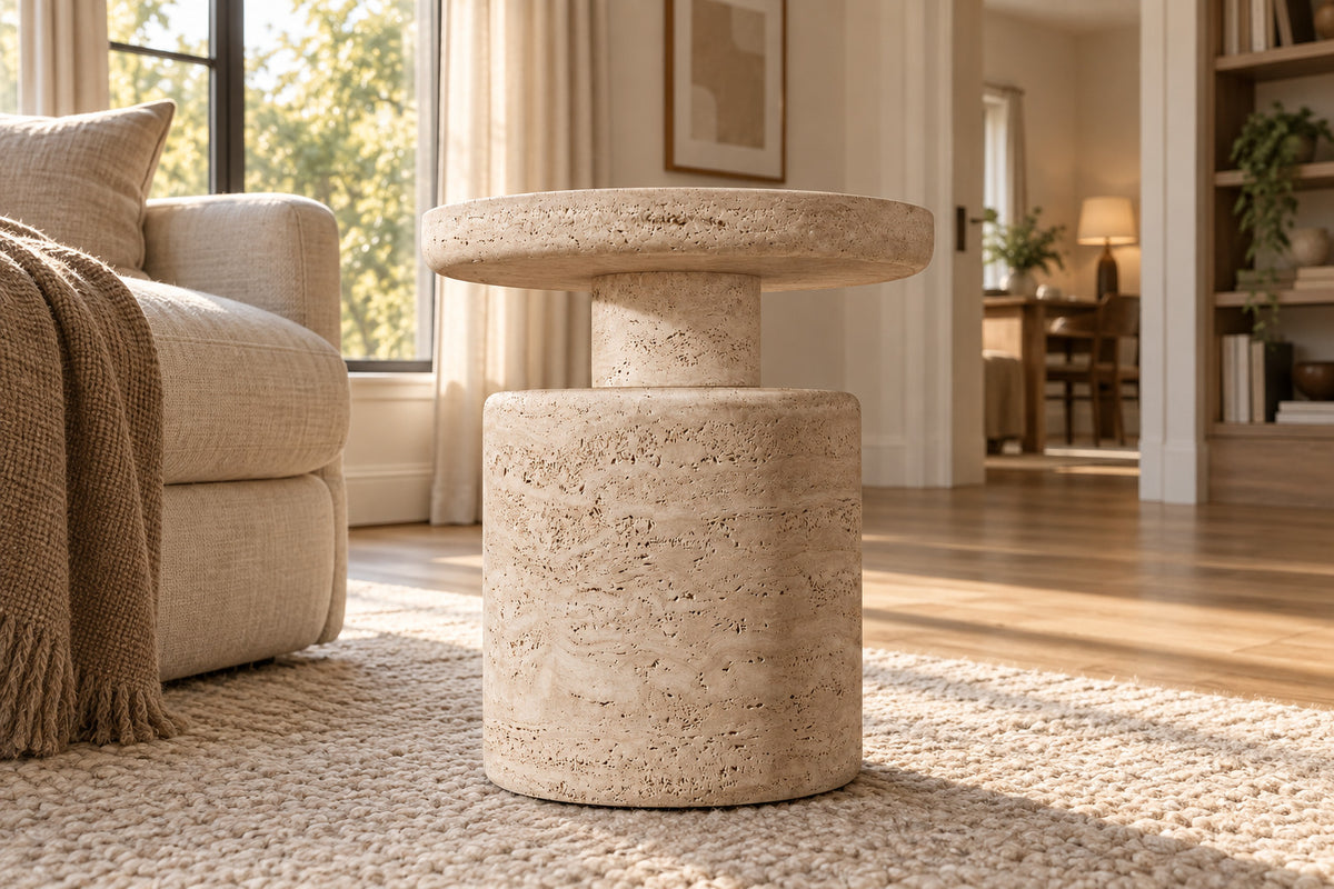 Ponti Round Side Table, low near-side-profile lifestyle view