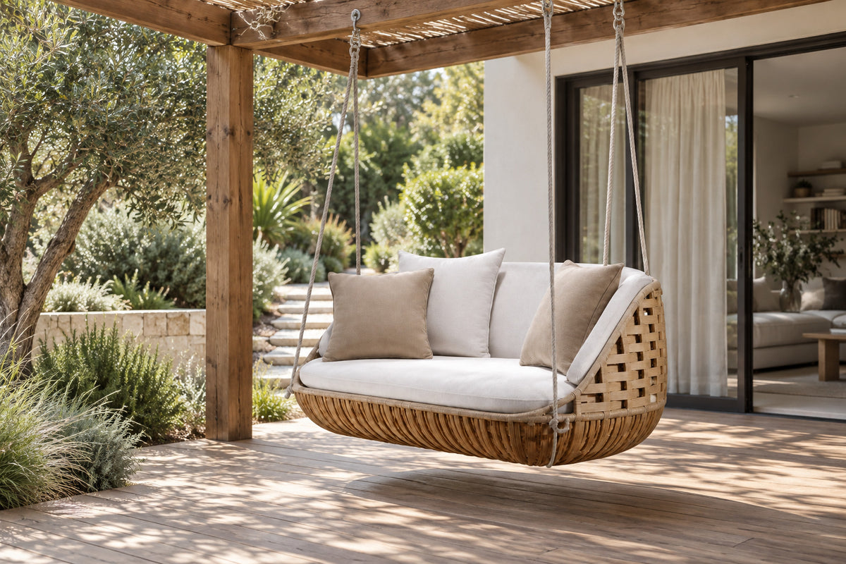 Portico Swing Seat, Double, front-right three-quarter lifestyle view