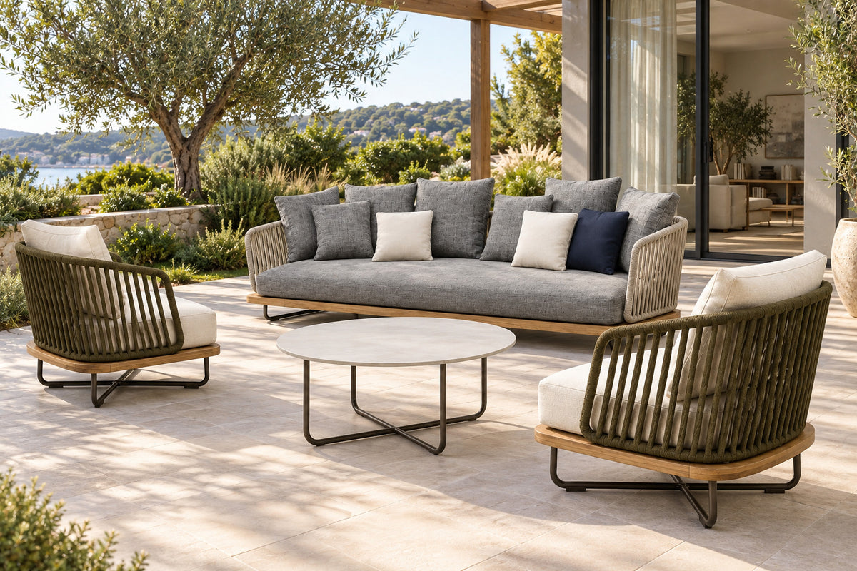 Portofino Outdoor Sofa Set, front-right three-quarter lifestyle view
