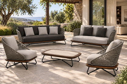 Positano Outdoor Sofa Set, front-right three-quarter lifestyle view