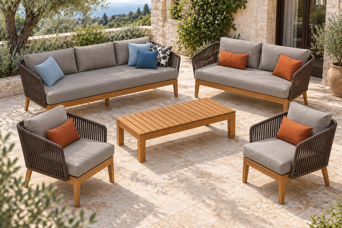 Puglia Outdoor Sofa Set, elevated front-left diagonal lifestyle view
