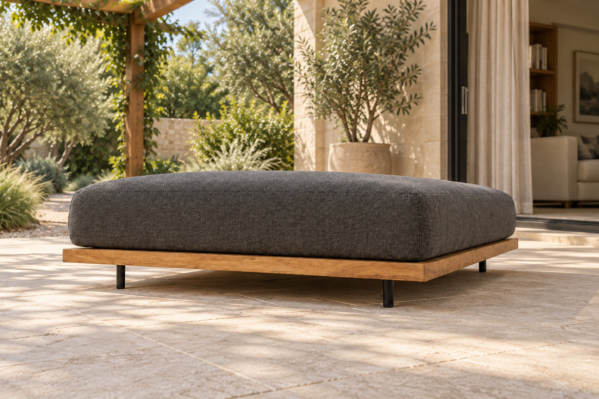 Ravello Ottoman, low near-side-profile lifestyle view