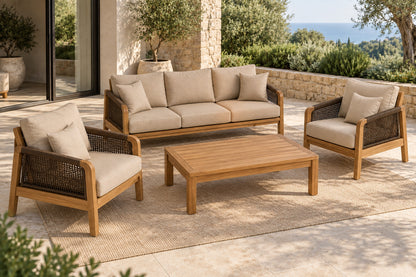 Ravello Outdoor Sofa Set, elevated front-left diagonal lifestyle view