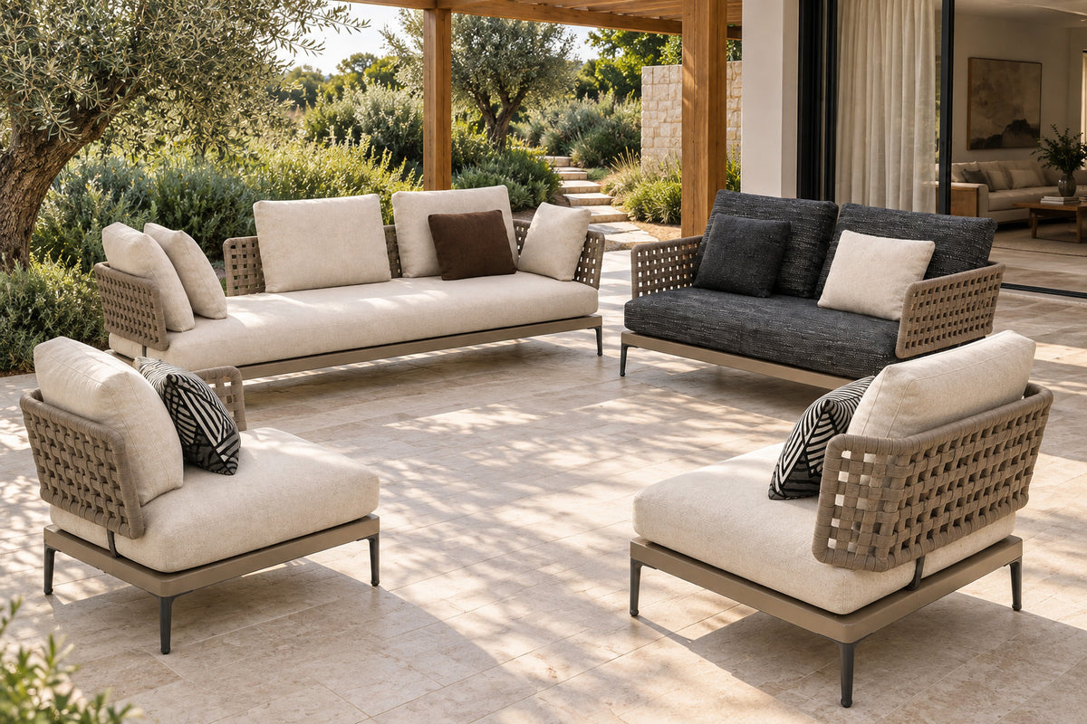 Salina Outdoor Sofa Set, front-right three-quarter lifestyle view