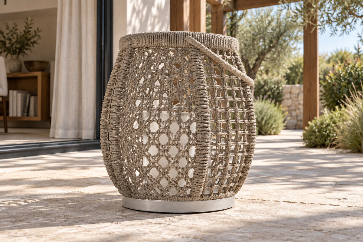 Santorini Braided Rope Lamp, low near-side-profile lifestyle view