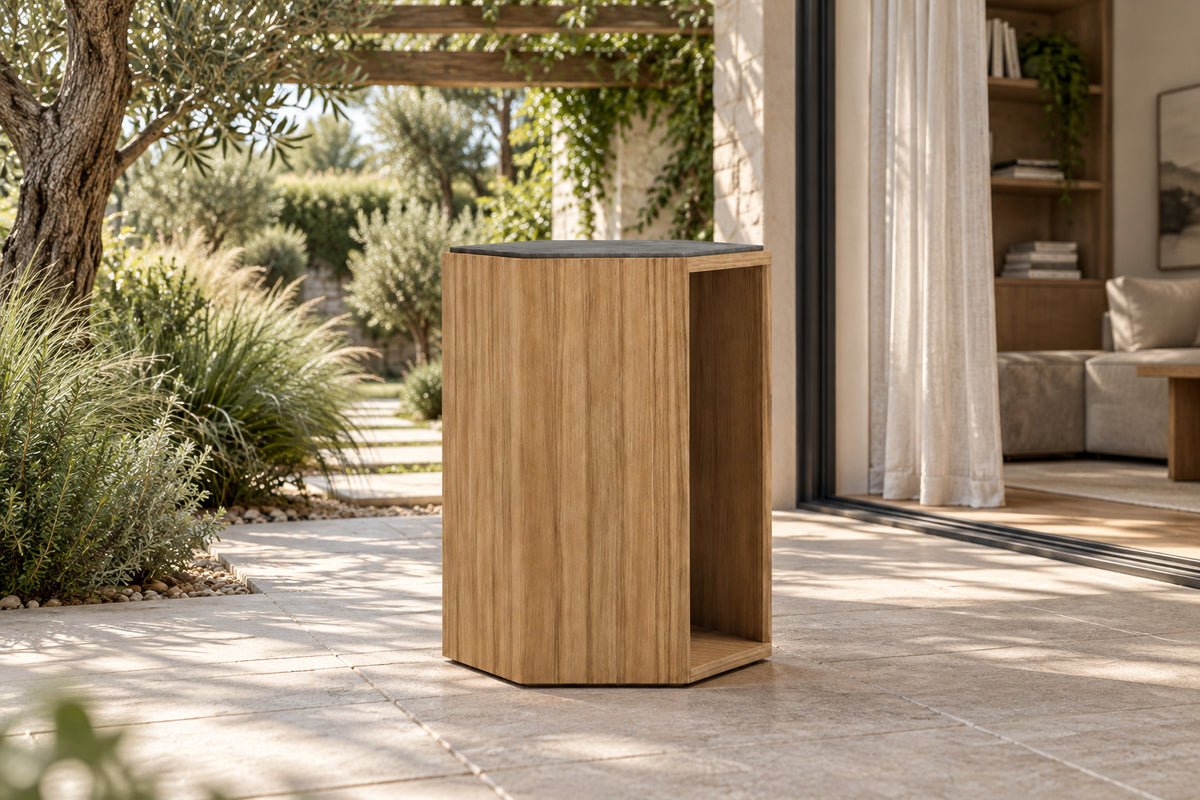 Santorini Occasional Table, Teak, low near-side-profile lifestyle view