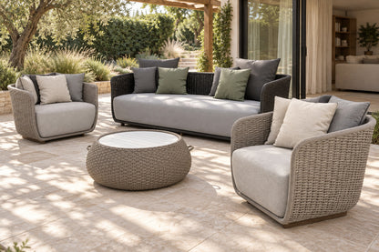 Santorini Outdoor Sofa Set, front-right three-quarter lifestyle view