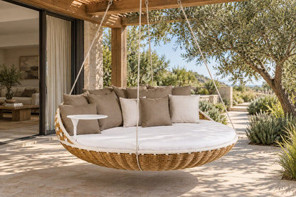 Selene Hanging Daybed, front-right three-quarter lifestyle view