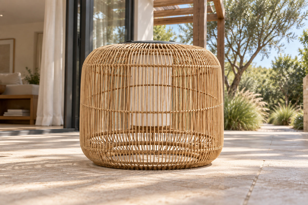 Solano Solar Lantern, Low, Open Weave, low near-side-profile lifestyle view