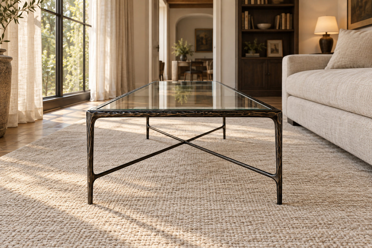 Thaddeus Glass Coffee Table, low near-side-profile lifestyle view